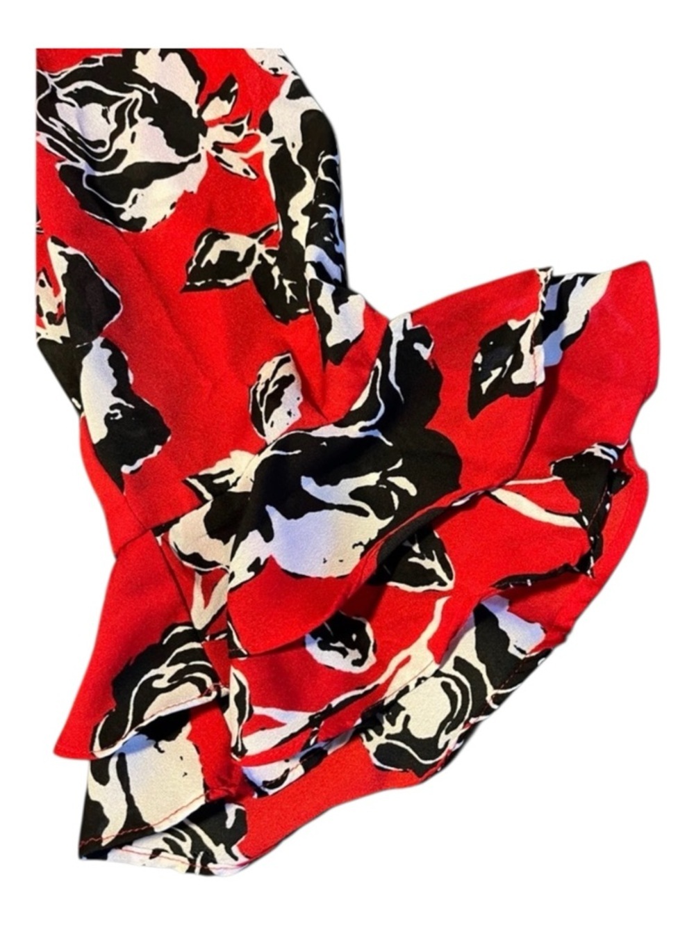 Red Floral Ruffle Blouse Tie Neck Flounce Sleeve Size M - Picture 3 of 5